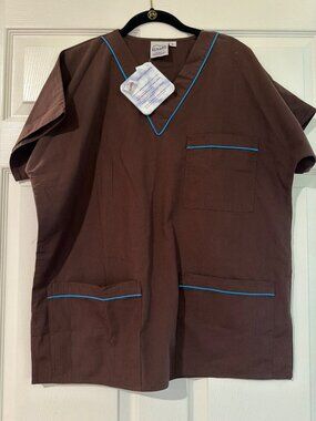 S.C.R.U.B.S. Brown V-Neck Medical Scrub Top With Blue Piping & Pockets Size M